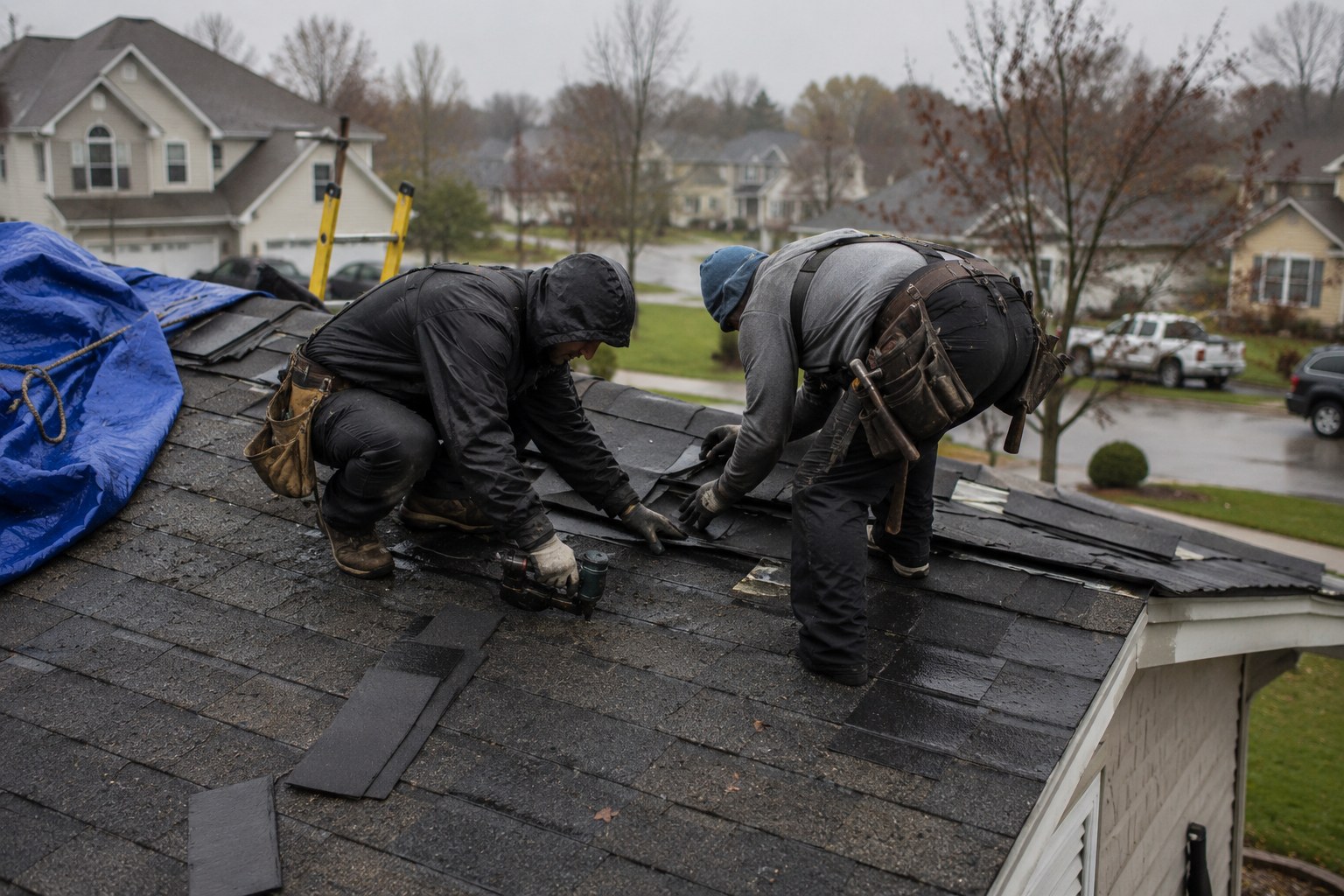Roofing Rehab crew making an emergency shingle repair in the rain