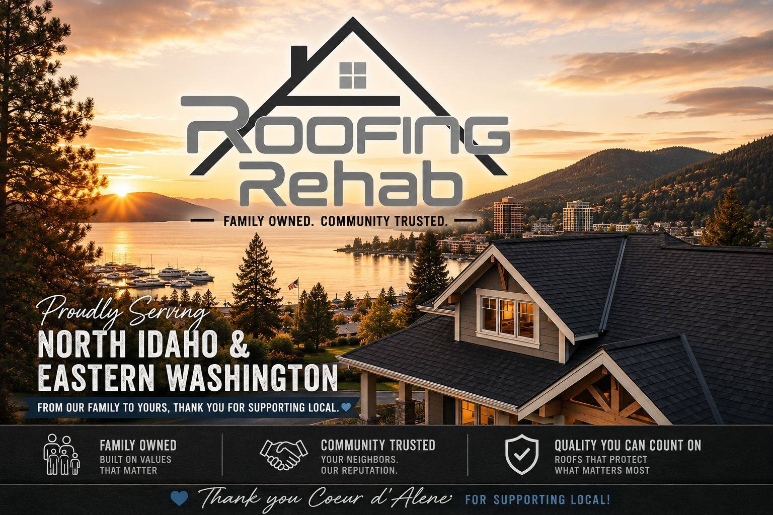 Roofing Rehab, family owned and community trusted, proudly serving North Idaho and Eastern Washington